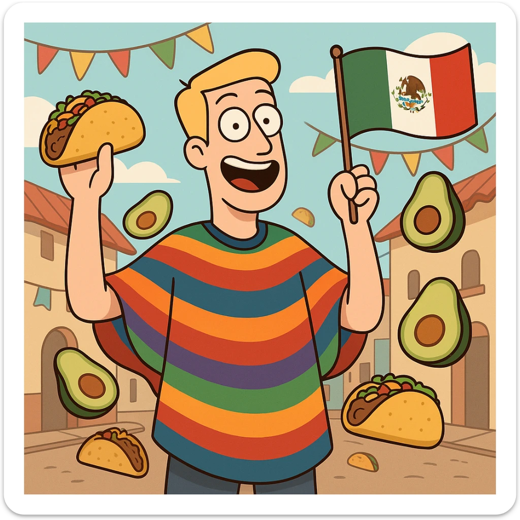 playful cartoon of a tall white American with blonde hair, colorful poncho, smiling, holding taco and avocado, waving Mexico flag, surrounded by tacos and avocados, street party scene sticker