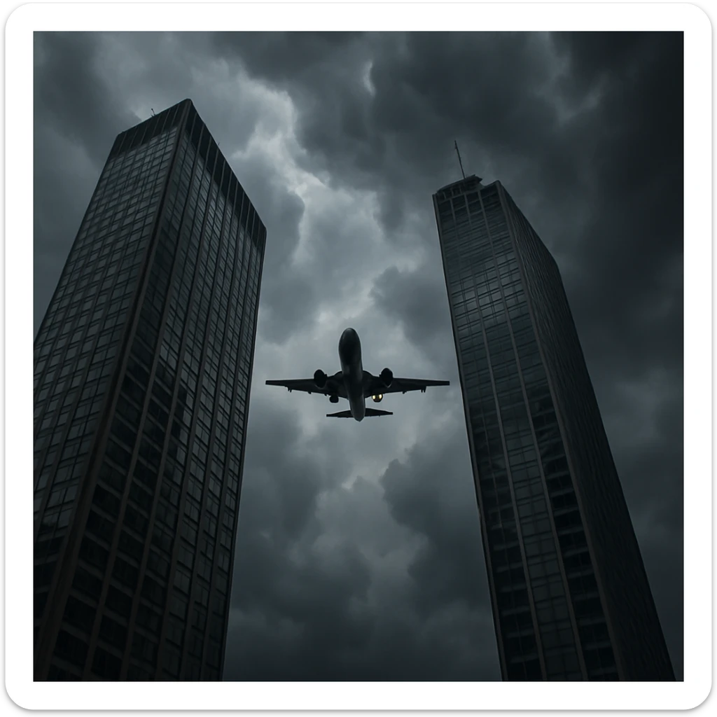 two skyscrapers and a plane that flyes to them, realism style, stormy weather sticker