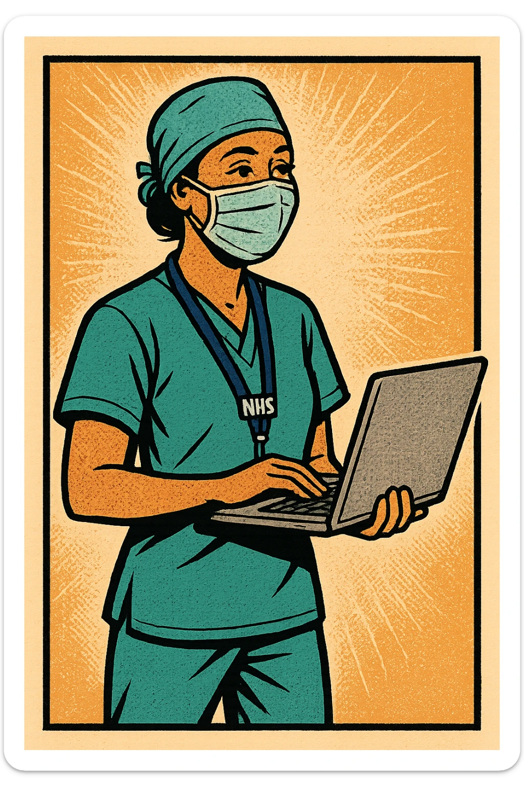 The full body of a modern day surgeon.  The surgeon is female and has an NHS lanyard around her neck.  She is smiling and facing the right. She is also holding a laptop sticker