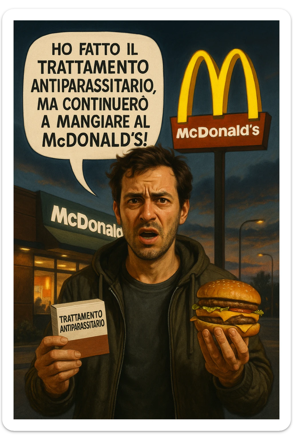A realistic, cinematic illustration of a man in his early 30s with a confused yet stubborn expression, standing outside a McDonald's at dusk, holding a small box labeled 'Trattamento Antiparassitario' in one hand while holding a large McDonald's burger in the other. He is mid-sentence, saying 'Ho fatto il trattamento antiparassitario, ma continuerò a mangiare al McDonald!' in an expressive speech bubble. The man wears casual streetwear, and behind him, the McDonald's golden arches glow under a neon-lit sky. The mood is ironic and educational, highlighting the contradiction of doing parasite cleanses while continuing unhealthy fast-food habits. The style is realistic with slight illustrative clarity, emphasizing the message humorously while maintaining a serious undertone about lifestyle choices and health in italiano sticker
