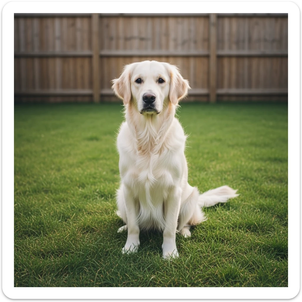 adult english cream golden retriever sitting on grass, facing camera, fence in the background sticker
