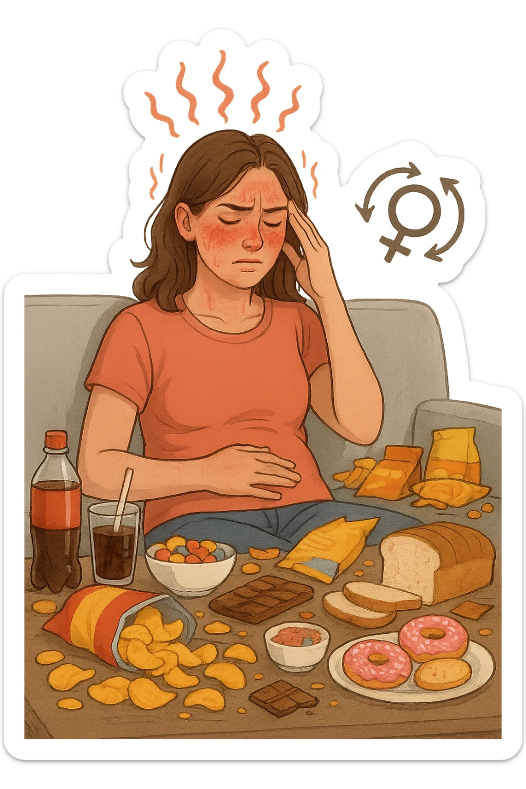 Donna tra i 25 e i 35 anni seduta sul divano o a un tavolo disordinato, circondata da cibi sparsi e poco sani: patatine, dolci, pane bianco, snack confezionati, bibite. con infiammazione e squilibri ormonali sticker