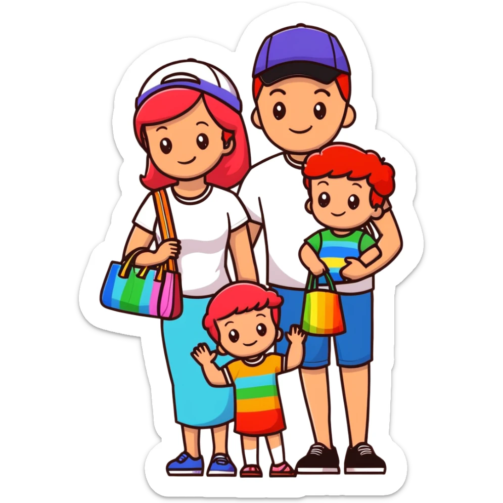 A happy family of four - father in white t-shirt and cap, mother with red hair in coral dress, young daughter in matching dress with rainbow handbag, teenage son in light embroidered shirt, all smiling together sticker