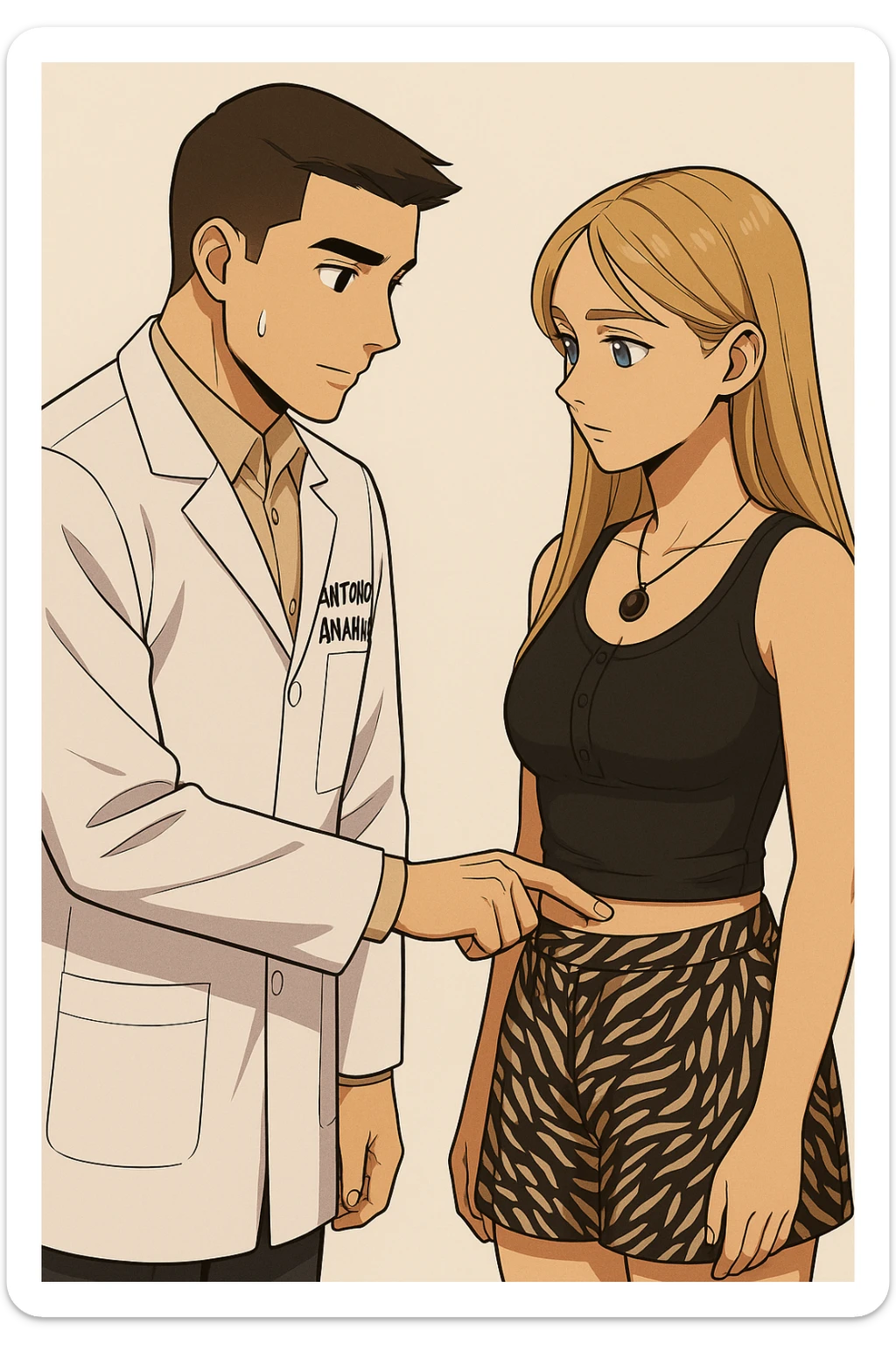 fai un webtoon/manga a colori con questo kinesiologo in camice bianco (fagli la scritta "ANTONIO ANANIA" SUL CAMICE) CHE PARLA CON QUESTA RAGAZZA CON GLI OCCHI AZZURRI. IL KINESIOLOGO CON IL CAMICE BIANCO LE TOCCA LA PANCIA CON UN DITO DOVE C'è L'INTESTINO. NON FARE I FUMETTI, FAI SOLO LORO COME SE DIALOGASSERO sticker