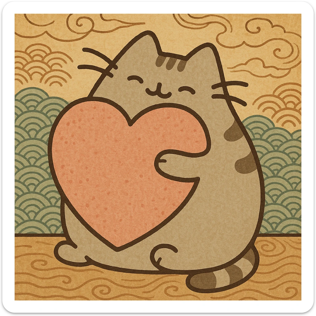 Pusheen hugging a big heart, pastel colors, adorable, ukiyo-e inspired cartoon style sticker
