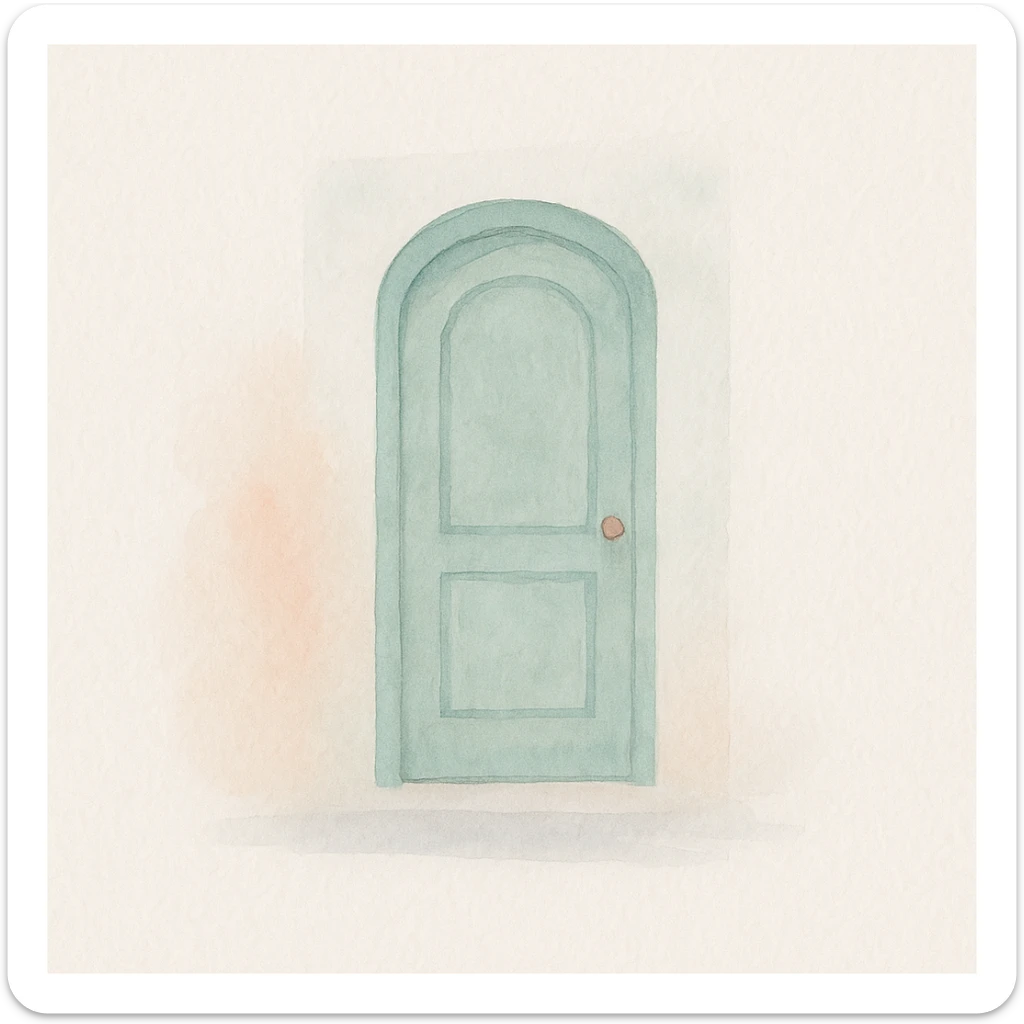 soft watercolor illustration in a minimalist, modern style, a door, pastel colors, delicate linework, gentle whimsical mood, minimal soft shading sticker