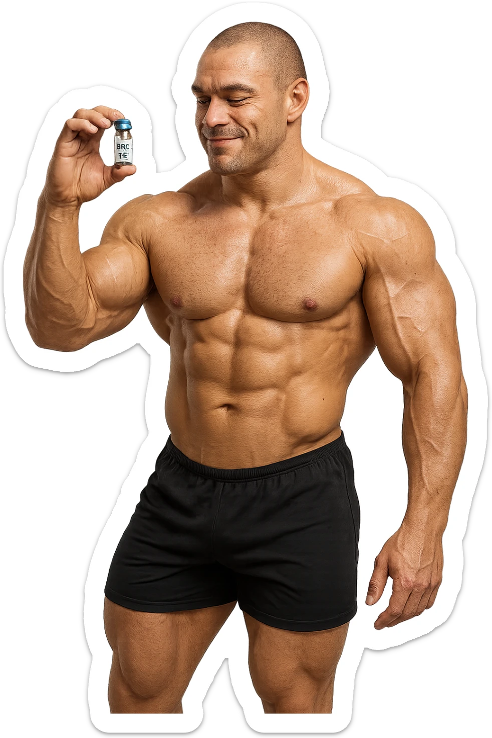 BODYBUILDER A FIGURA INTERA CHE TIENE IN MANO UNA FIALA MEDICA CON la scritta "BPC 157" SULL'ETICHETTA E LA GUARDA SODDISFATTO, iperrealistico 4k sticker