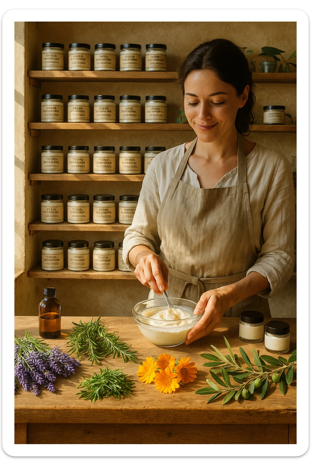 A realistic, high-quality photo of a small artisan skincare laboratory in Italy, with wooden shelves displaying beautifully packaged glass jars of natural creams made with herbal and botanical extracts, olive oil, and essential oils, clearly labeled ‘100% Natural’ and ‘Artisan Made in Italy’. The scene includes a bright, sunlit rustic workspace with plants, fresh lavender, rosemary, calendula flowers, and olive branches on the wooden counter, symbolizing purity and nature. A female artisan in a linen apron is carefully mixing creams in a glass bowl, smiling softly. The environment feels warm, authentic, and eco-friendly, emphasizing the concept of handcrafted skincare without synthetic chemicals in italiano sticker