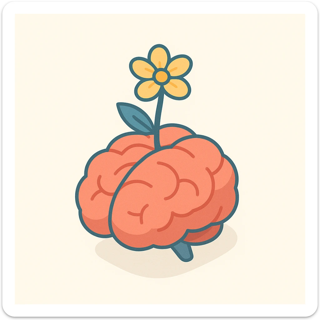 brain with a flower growing from it, symbol of mental health and growth, 2D isometric style, simple shape, clear shadows and highlights sticker