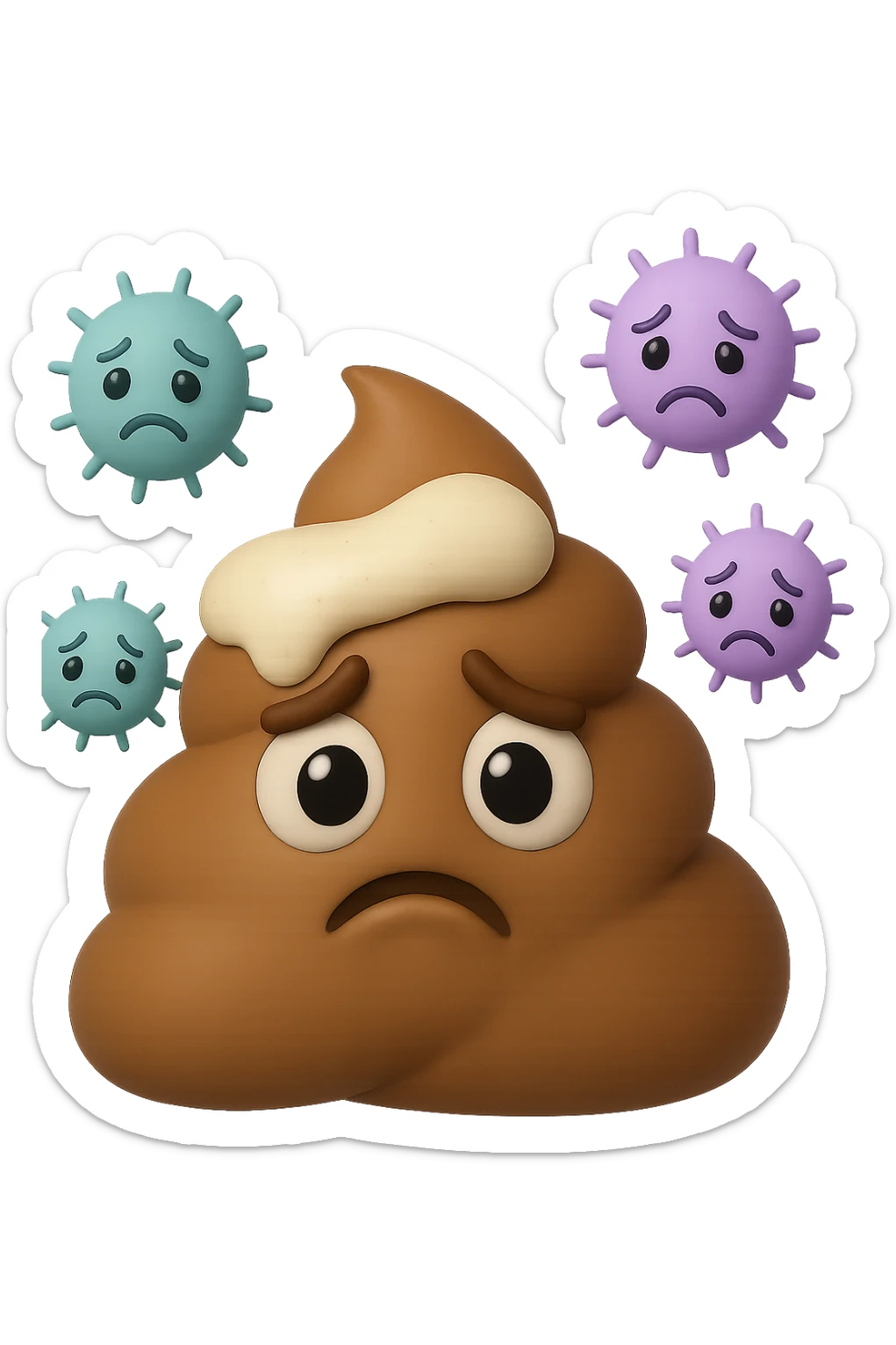 emoji stile iphone 3d di una cacca con muco bianco sopra, dietro cui fluttuano batteri intestinali tristi, iperrealistiche 4k sticker