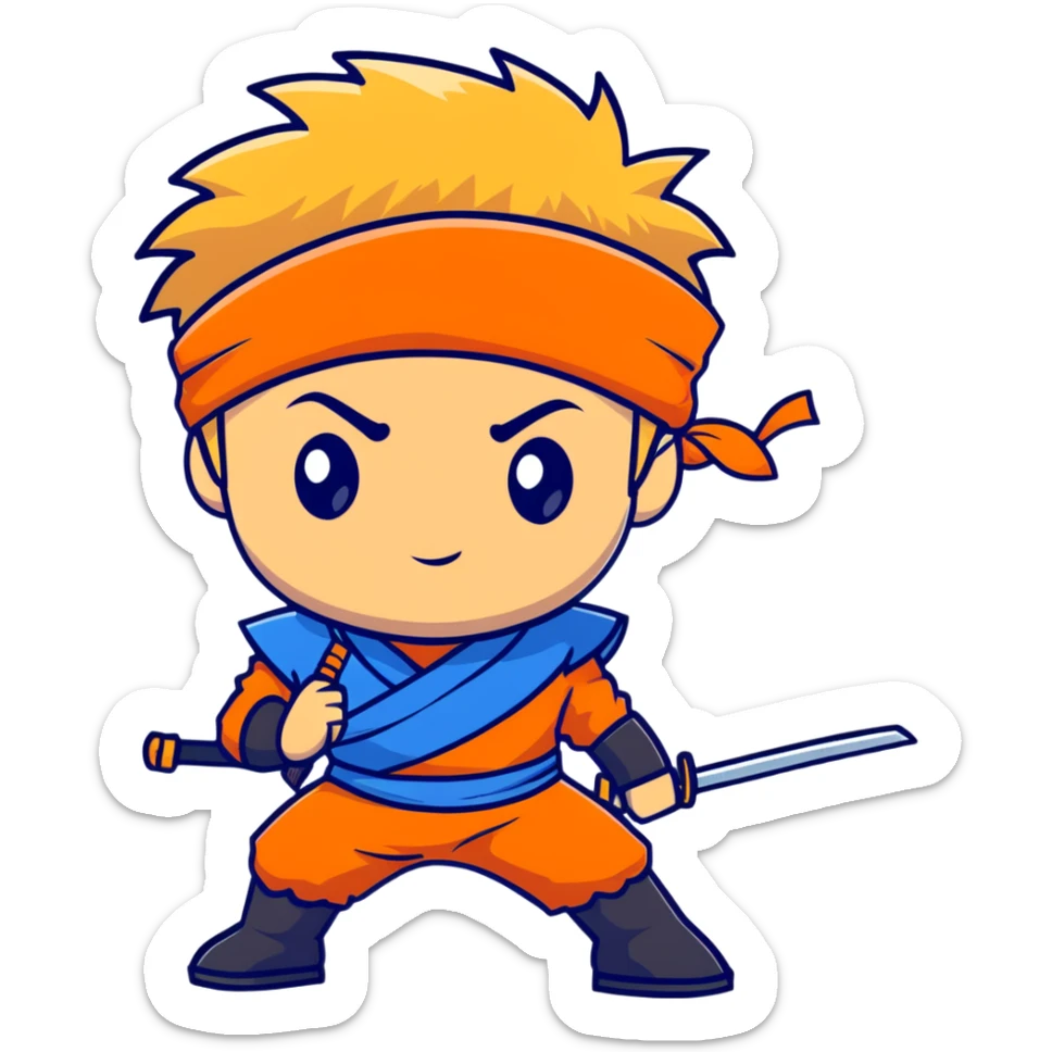 A blonde ninja boy with spiky hair, whisker marks on cheeks, orange outfit, and blue headband with metal plate sticker