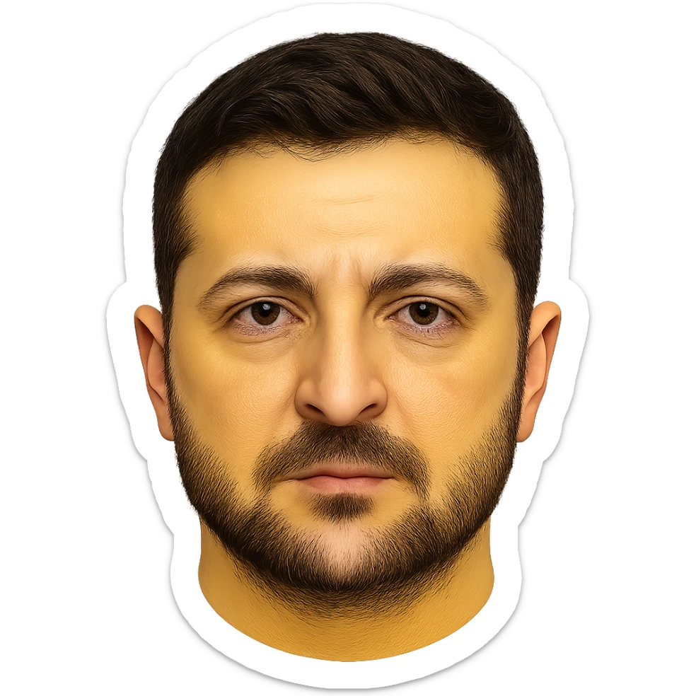 emoji-style portrait of Vladimir Zelensky with a yellow round face, very recognizable and detailed facial features, realistic eyes, hair, and beard, high quality sticker