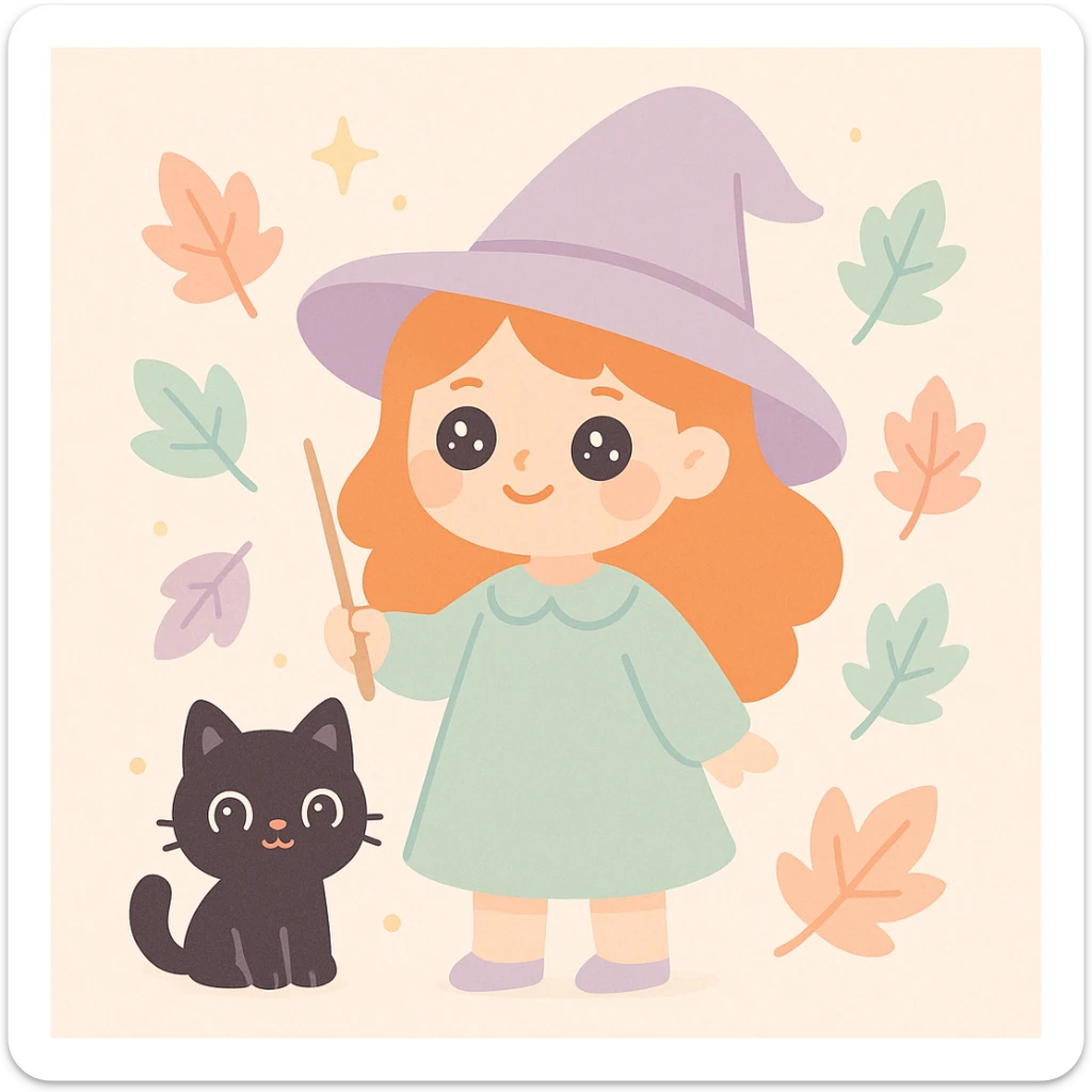 a ginger witch with a black cat familiar, holding a wand, surrounded by autumn leaves, cute and whimsical style sticker