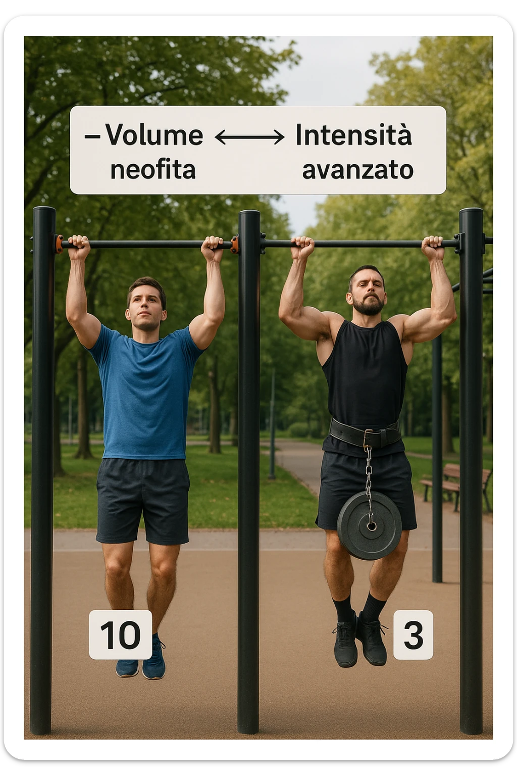 Due atleti fianco a fianco in un parco attrezzato: a sinistra il neofita che fa 10 trazioni leggere con concentrazione, a destra l’atleta avanzato con cintura zavorrata che fa 3 ripetizioni lente e pesanti. Tra loro, grafico sospeso in aria che mostra: 'Volume → neofita | Intensità → avanzato'. Stile realistico con elementi educativi visivi in italiano sticker