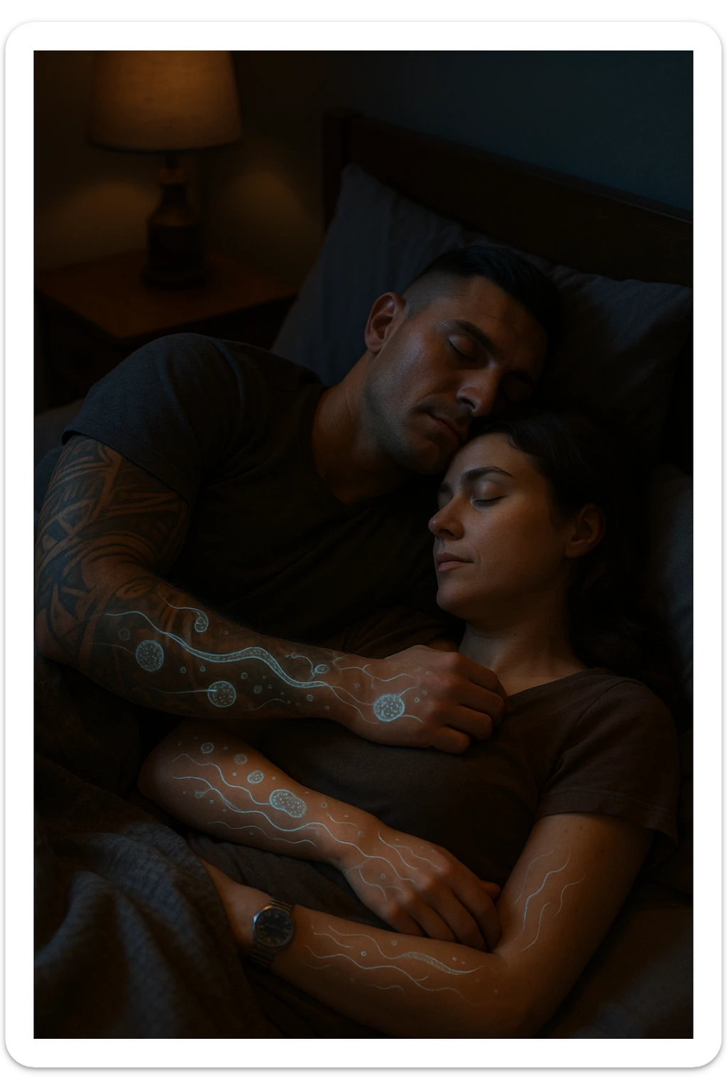 A hyper-realistic, cinematic image of a man and a woman sleeping together in the same bed under soft, dim night lighting, with their bodies close and touching. Their skin appears slightly illuminated where it touches, and under a subtle x-ray style overlay, faint ghostly silhouettes of microscopic parasites and worm-like organisms are visible crawling transdermally between their bodies, symbolizing silent, unnoticed parasite transmission during sleep. The environment is a cozy bedroom with warm tones, but the presence of the glowing parasites creates a slightly unsettling feeling, emphasizing the hidden danger. Their faces are calm, unaware, symbolizing the unconscious nature of the transmission. The image is detailed with a 35mm film hyperrealistic aesthetic, focusing sharply on the point of contact between their skin where the parasites pass, while the background remains softly blurred. The color palette uses muted warm browns and soft moonlight blues to maintain a nighttime, intimate feeling, contrasting with the translucent, glowing parasites to illustrate the hidden risk of transdermal parasite transmission while sharing a bed sticker