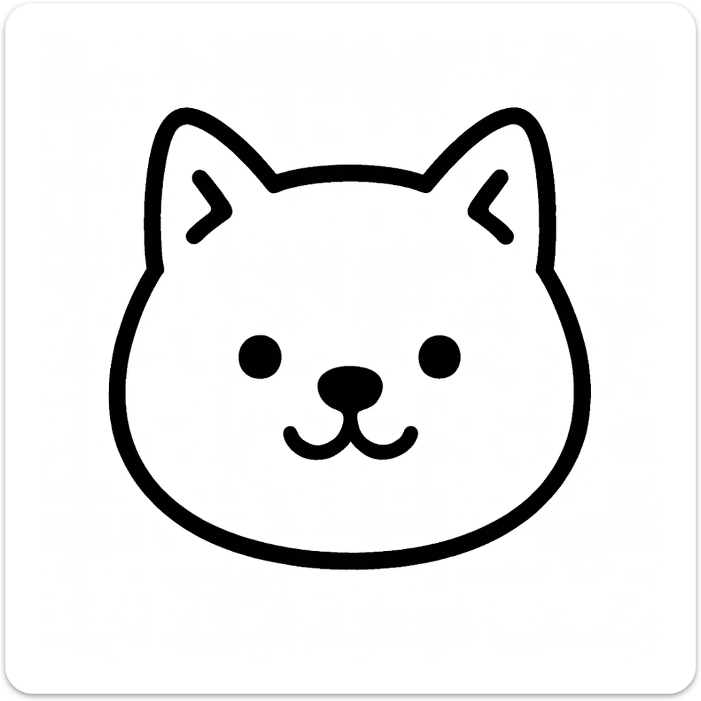 Minimalist kawaii line art of a Shiba Inu dog's head: large, round head, perky triangular ears, very simple face with two dot eyes, tiny round nose, upside-down 'Y' mouth. Thick, bold, clean black lines on white background, symmetrical, calm and sweet expression. No color or shading, just black linework. Slightly hand-drawn but polished, child-friendly. sticker