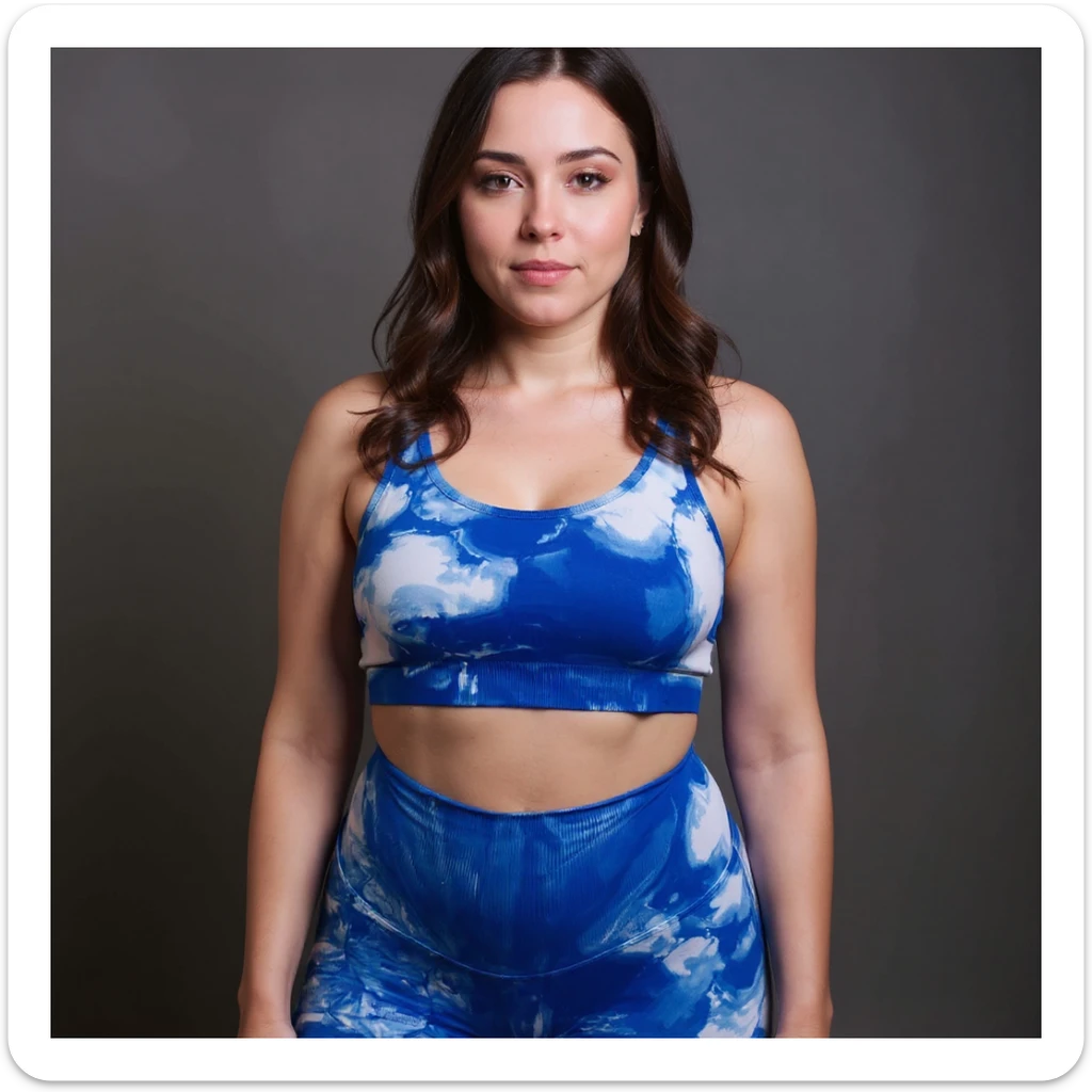 Realistic style image of a woman in sportswear inspired by the reference photo, showing evident water retention in the legs with visible swelling and smooth skin, natural pose, neutral expression, neutral background. sticker