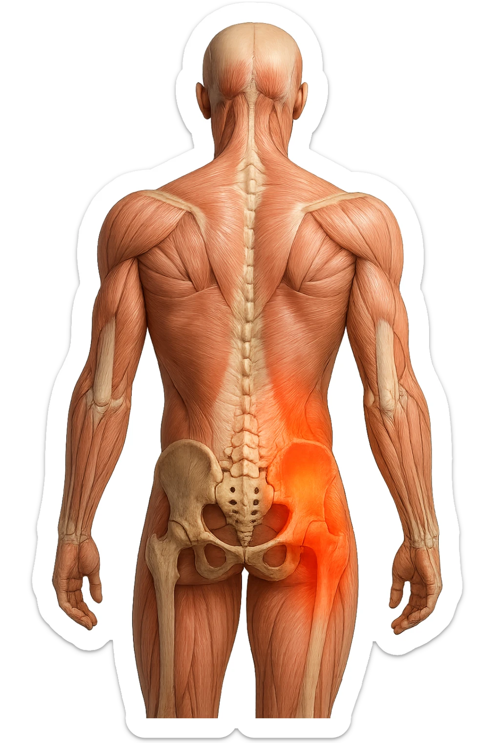 CORPO UMANO ANATOMICO REALISTICO DI SPALLE CON DOLORE ALLA LOMBARE INFIAMMATA, DOLORE ALL'ANCA, IPERREALISTICO 4K sticker