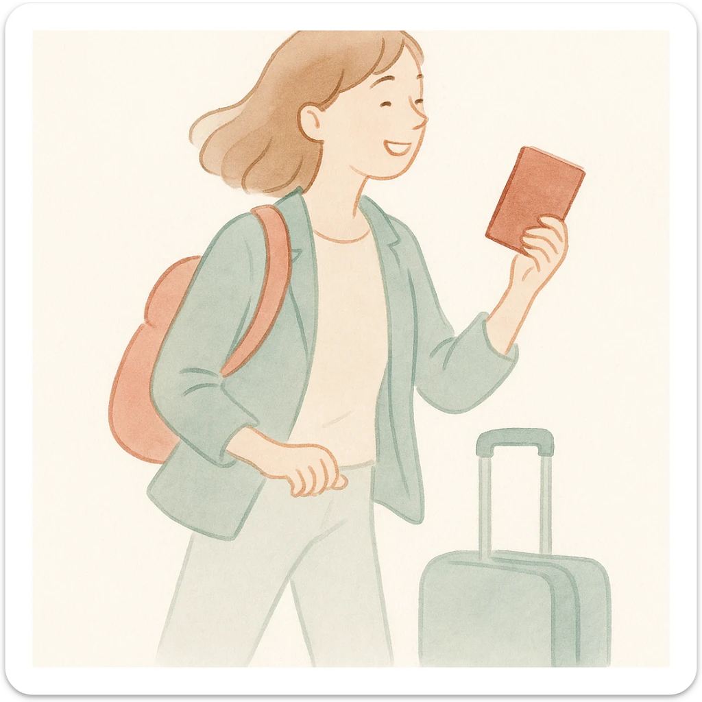 soft watercolor illustration in a minimalist, modern style, person excited to go on their next trip, pastel colors, delicate linework, gentle whimsical mood, minimal soft shading sticker