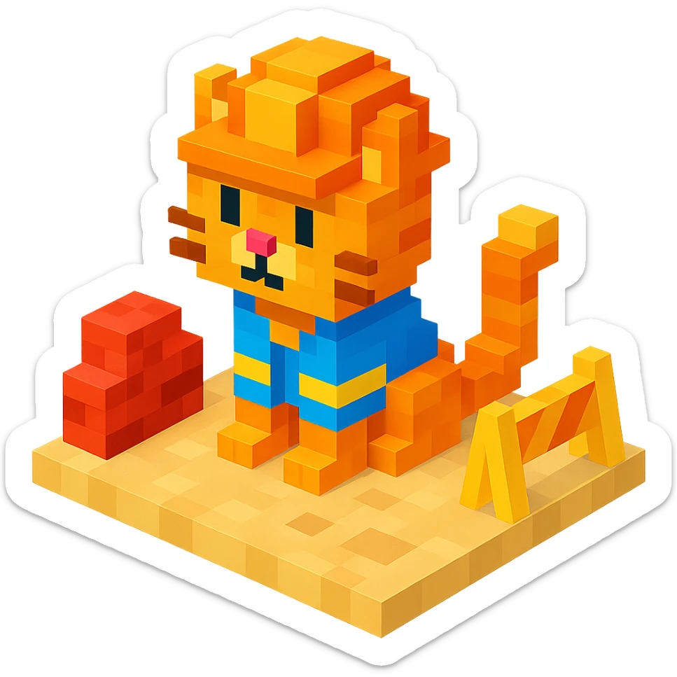 cat in orange safety helmet standing on a construction site in voxel style sticker