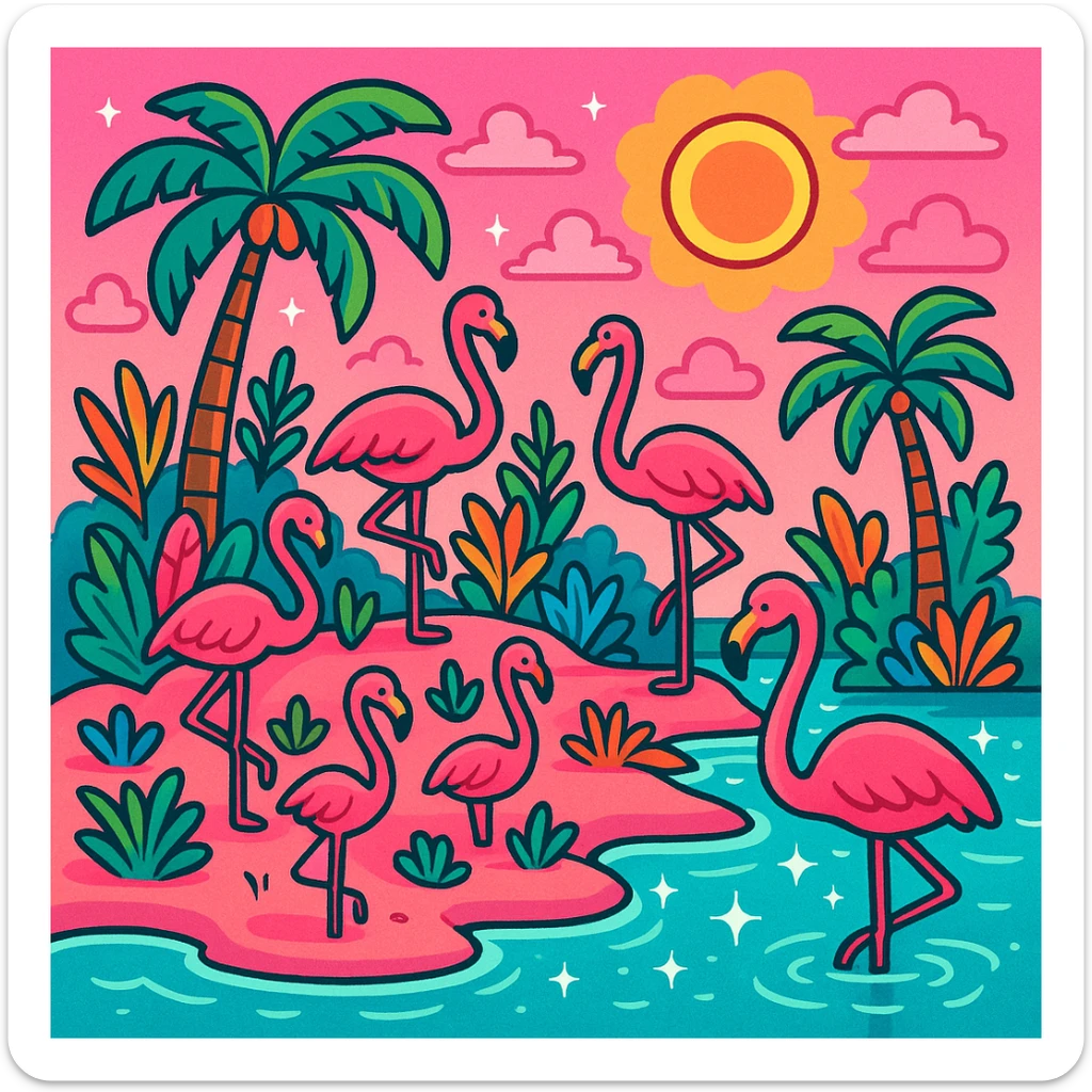 a whimsical pink paradise island with flamingos, tropical plants, and sparkling water, in four distinct visual interpretations sticker