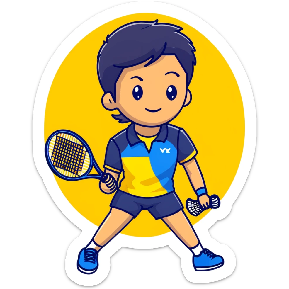 light brown skinned tennis coach, short straight black hair with widow's peak, oval face, small eyes, smiling, holding blue Yonex racket, wearing navy blue dry fit shirt sticker