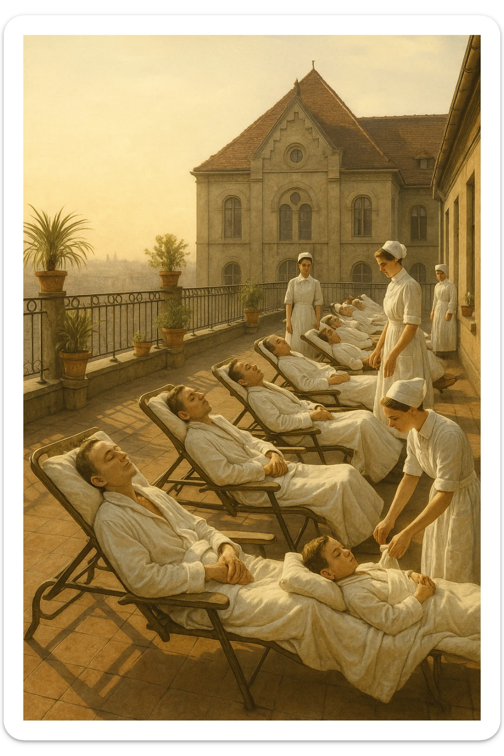 A realistic, historical cinematic illustration of a hospital rooftop solarium from the early 1900s, with patients in white robes and blankets lying on lounge chairs under the sun, receiving heliotherapy. Nurses in classic white uniforms and caps assist quietly, while the warm sunlight bathes the scene. The architecture is vintage, with iron railings, potted plants, and the backdrop of an old European hospital building. The atmosphere is calm and healing, showing patients with tuberculosis, rickets, and malnutrition benefiting from the sun’s rays to stimulate vitamin D production. The color palette is warm, with soft yellows and gentle sunlight, evoking a sense of hope and natural healing, reminiscent of historical black-and-white photographs with subtle colorization for realism sticker