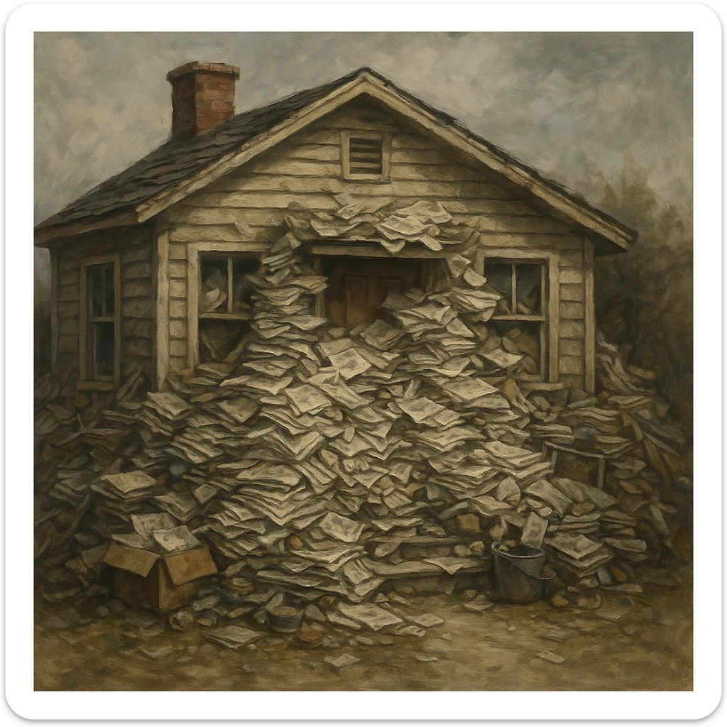 a small house with piles of newspapers and junk blocking the door and windows, symbolizing hoarding, cluttered, messy, chaotic sticker