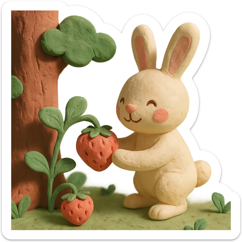 bunny picking strawberries in the woods, sweet pastel red, claymation style sticker