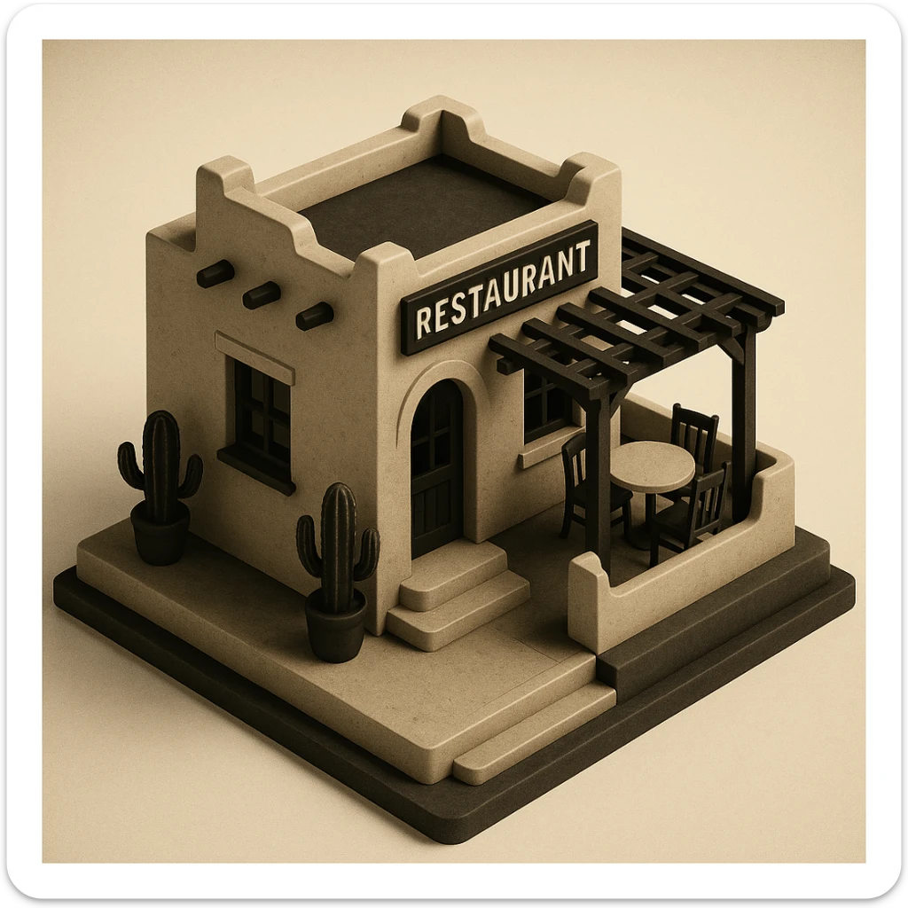 isometric exterior of a little southwestern restaurant, black, beige, and white color palette, dollhouse style, 3D realistic sticker