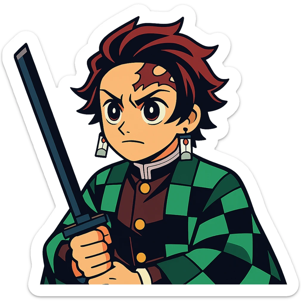 Tanjiro Kamado from Demon Slayer, vibrant anime style, iconic green checkered haori, determined expression sticker