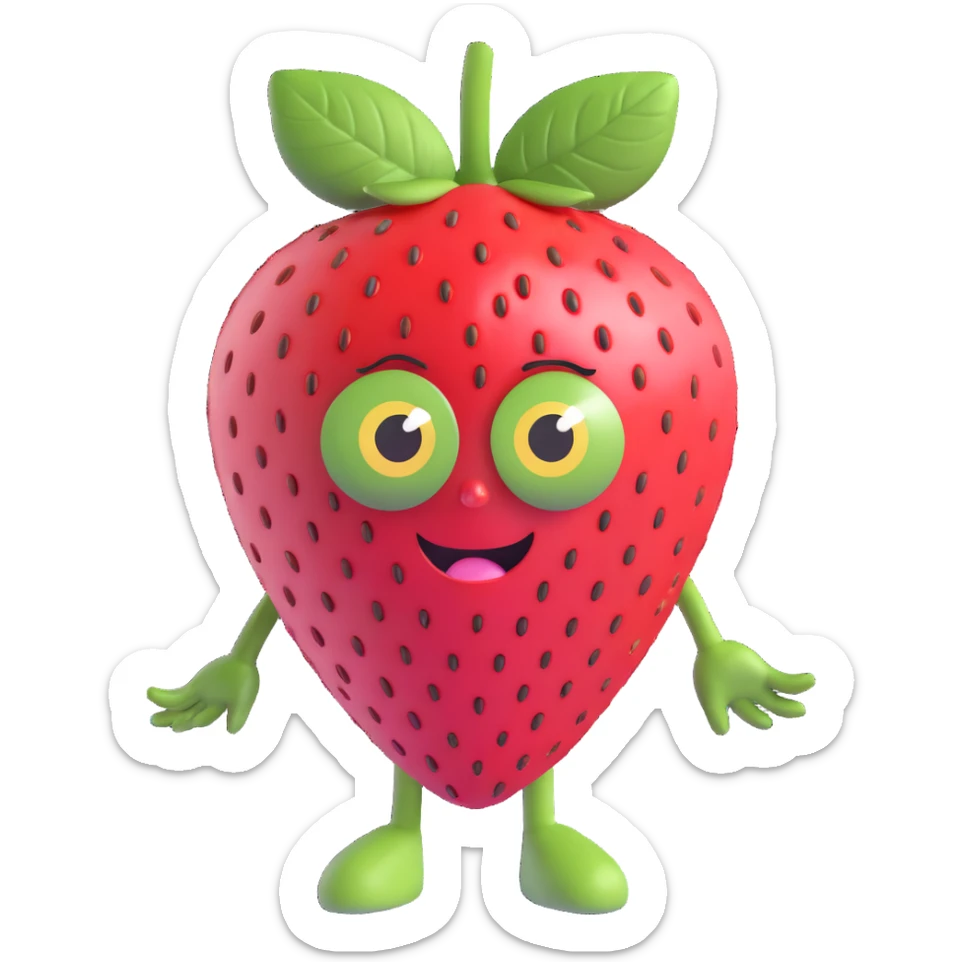 3D adorable anthropomorphic strawberry, round face, green leaf hair, pink-red skin with seeds, big expressive eyes, no limbs, kawaii Japanese vibe sticker
