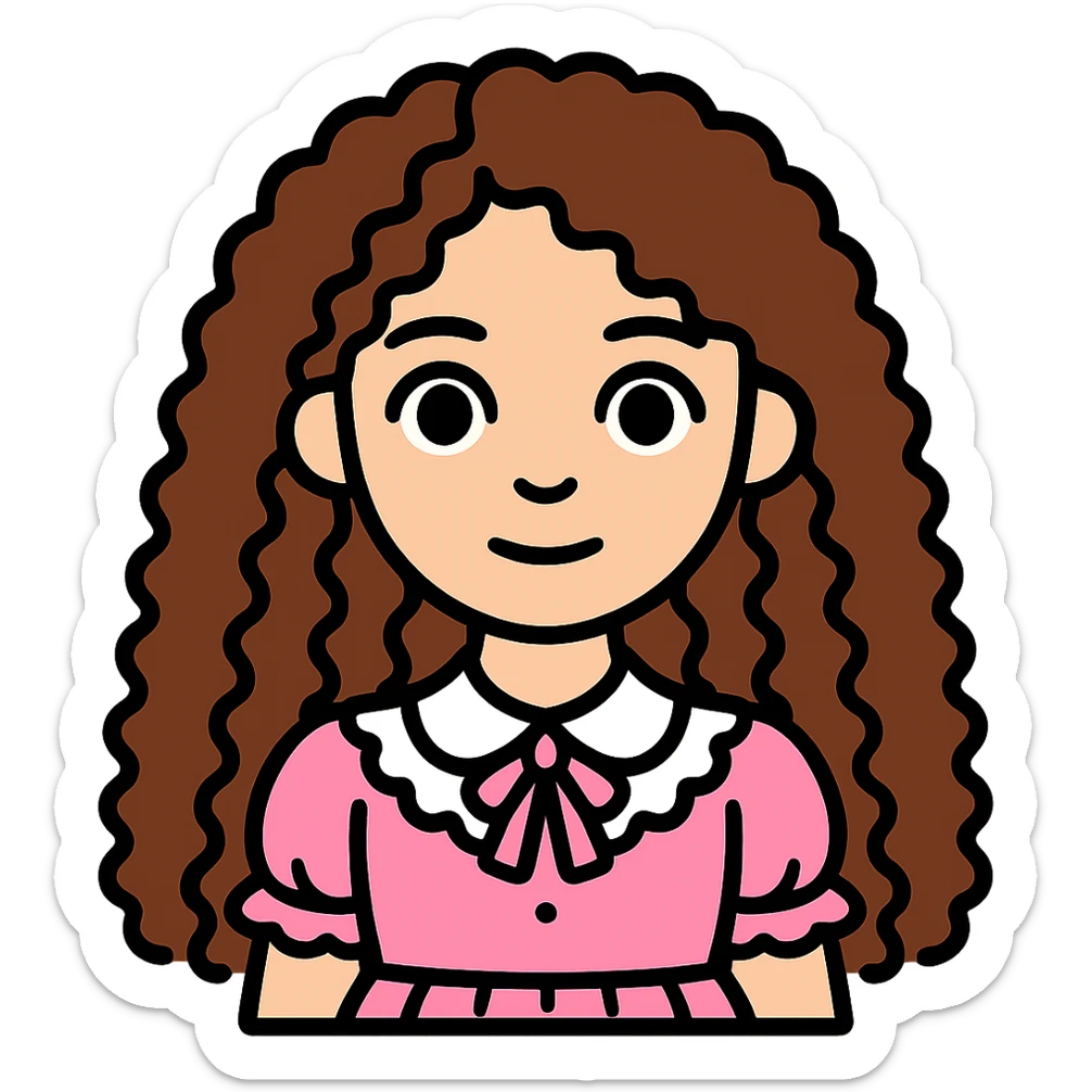 Make the girl with longer curly brown hair, keeping her light skin, brown eyes, white blouse with ruffles, and pink skirt with ruffles, no background. sticker