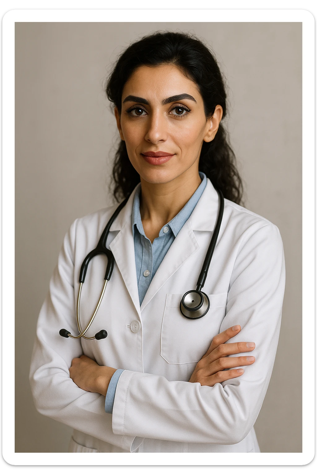 Arab doctor, 46 kg, 173 cm, medium black-brown hair, black eyes with long lashes and thick eyebrows, beautiful mouth, defined facial bone structure, prominent cheekbones, chin with a dimple (غمازة ذقن), wearing medical attire, elegant and professional appearance sticker