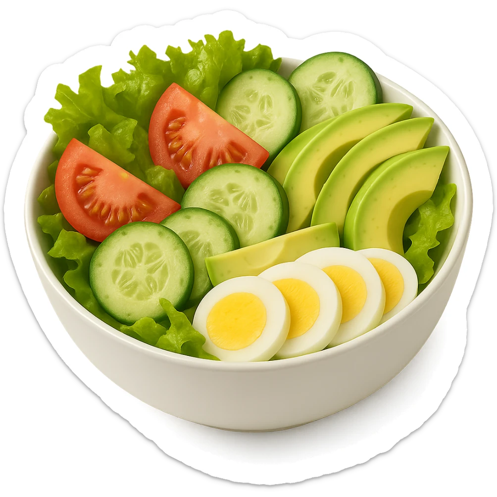 Add sliced boiled egg to the salad, keeping the style clean and simple with no background. sticker