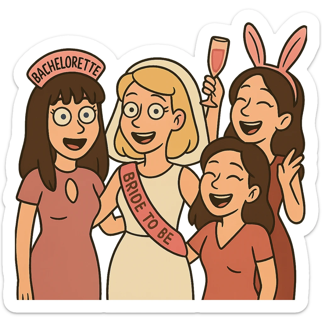 bachelorette party group of 4 girls, one with brown hair, blue eyes, fringe; two with brown hair; one bride with green eyes, blonde shoulder-length hair sticker