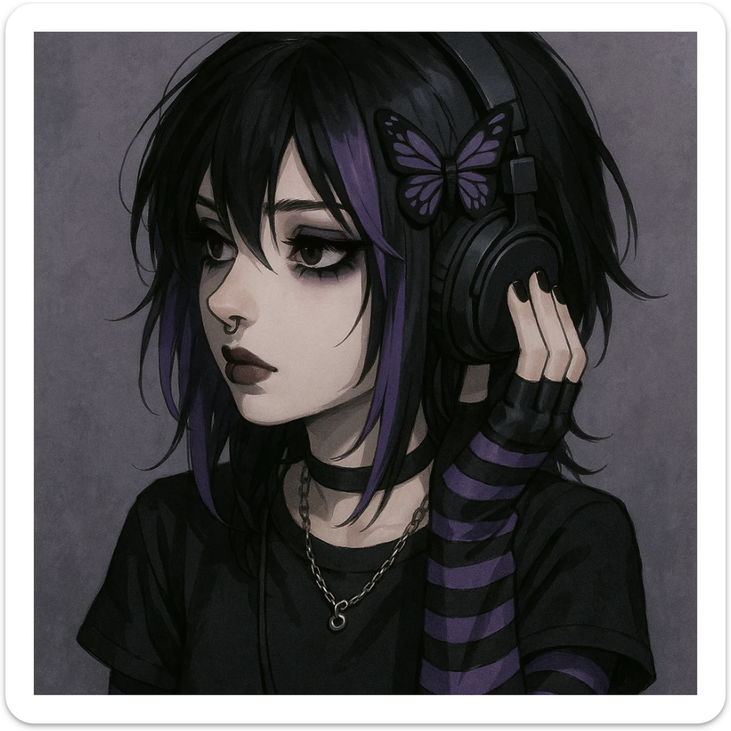 emo girl with headphones, purple highlights, butterfly hairpin sticker