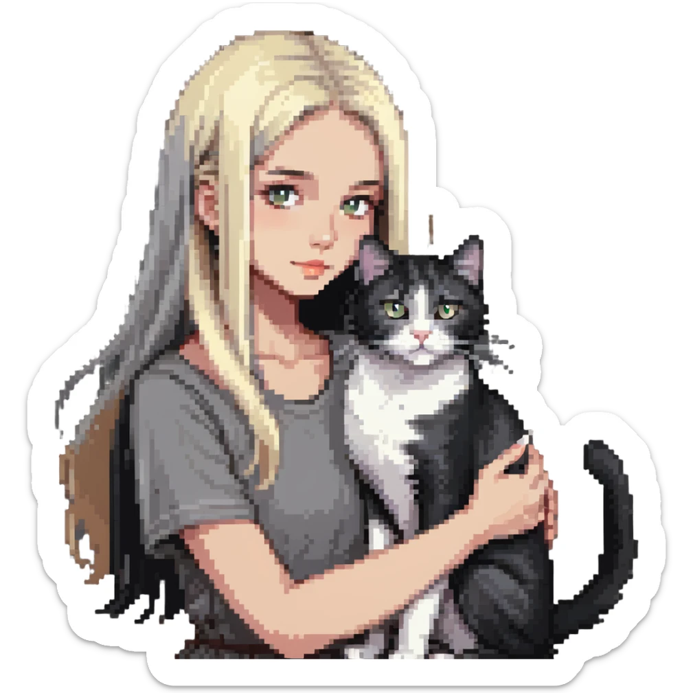 Beautiful girl with long black hair petting a gray and blonde mixed cat sticker