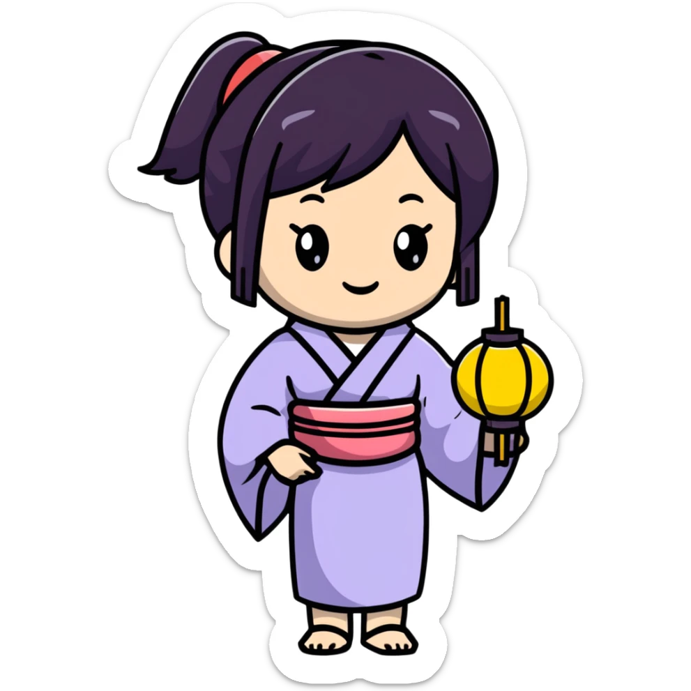 Cute Japanese high school girl in yukata at school summer festival with paper lanterns sticker