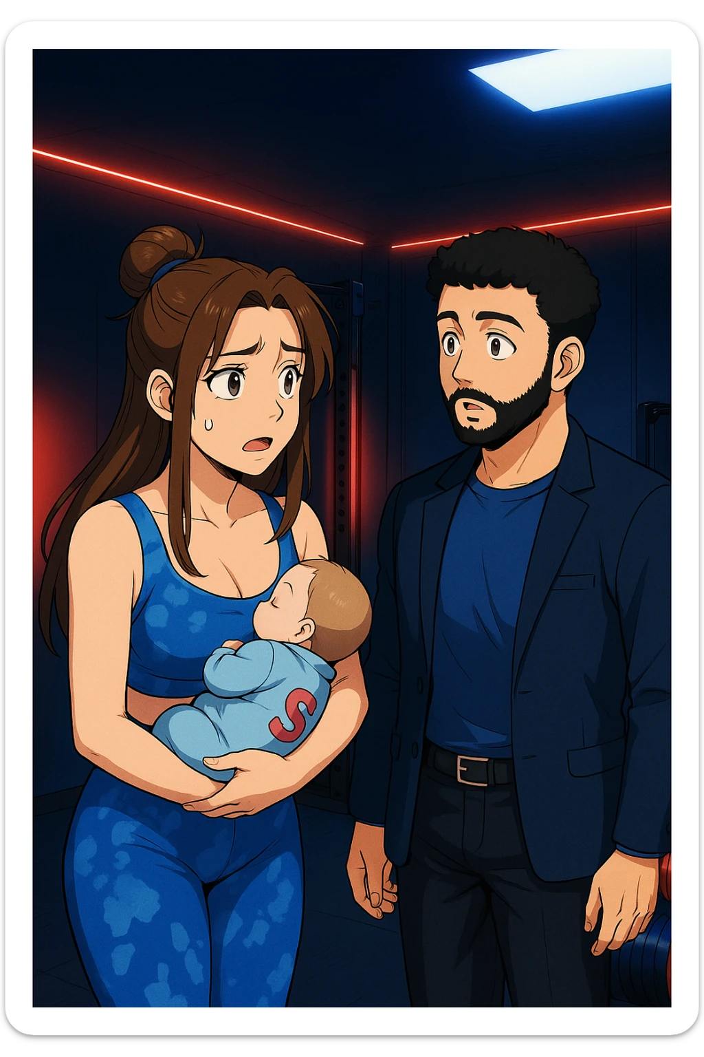 ispirati a questo stile di disegno e fai questa immagine in versione manga/webtoon a colori, il manga mostra la donna preoccupata con un neonato in braccio con una tutina azzurra e la scritta "S" sulla schiena, la donna gli sta facendo una domanda all'uomo, ma non fare i fumetti, fai come se stessero parlando sticker