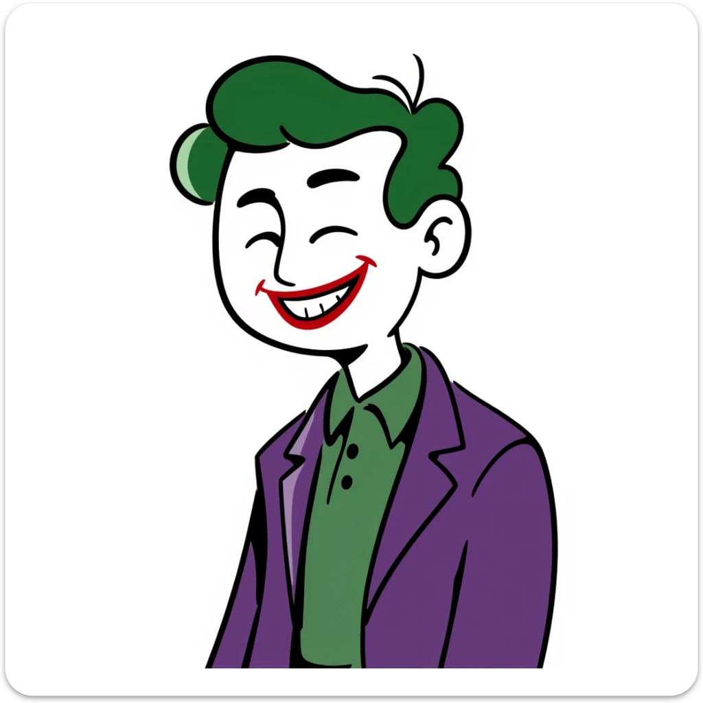 The Joker villain full body with green hair, purple suit, white face, red lips, maniacal laugh sticker