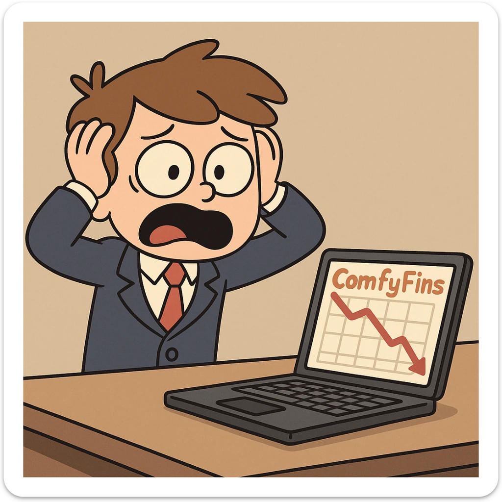 young business kid, founder of ComfyFins, shocked as his business crashes, cartoon style sticker