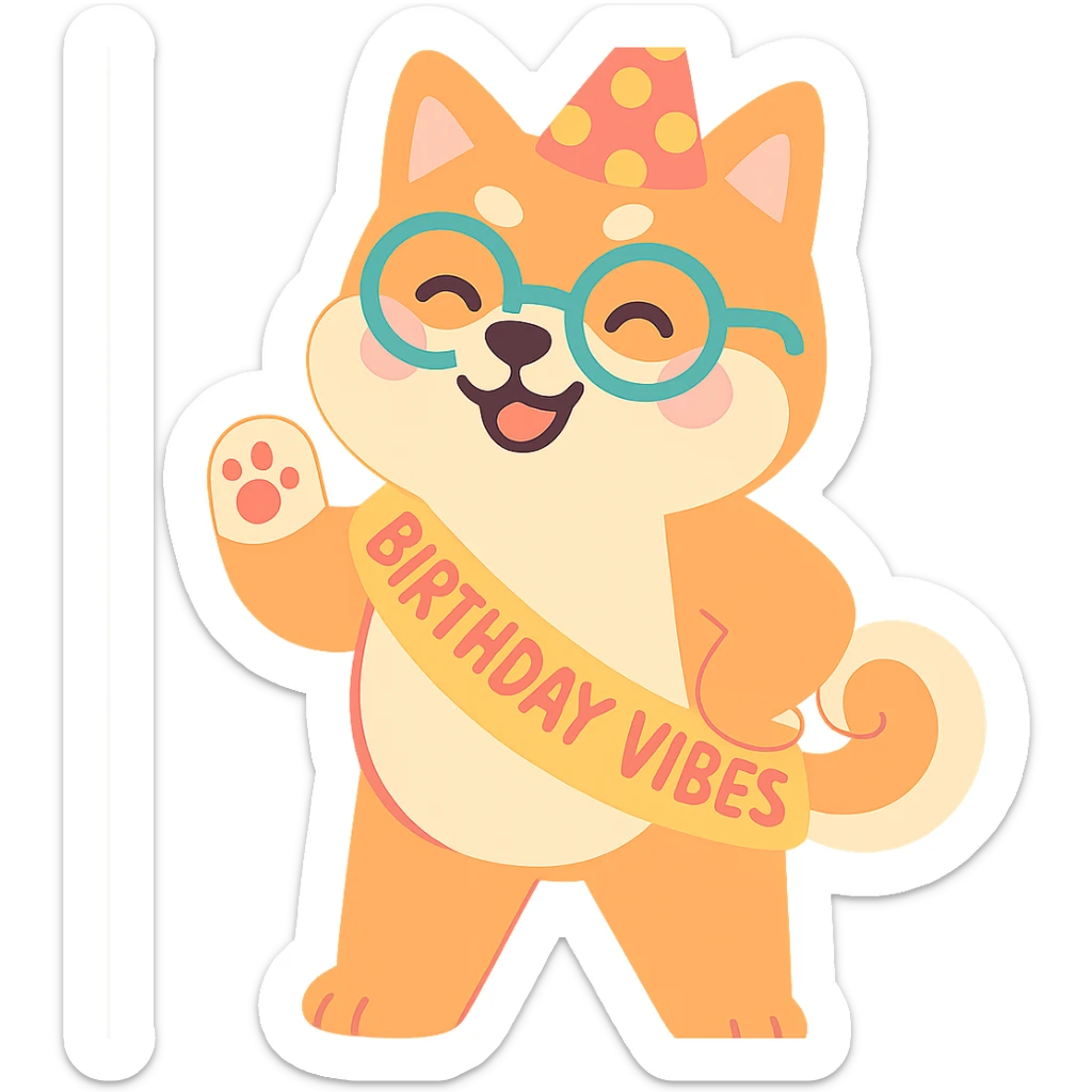Shiba Inu wearing a "Birthday Vibes" sash and glasses, pastel-toon style, transparent background sticker