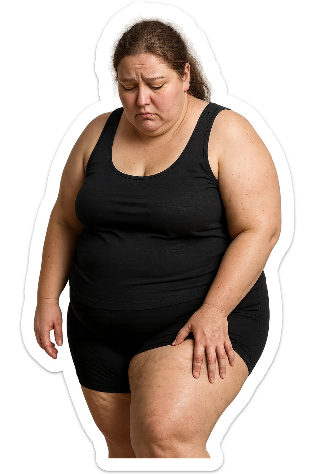 donna grassa che si tocca la coscia con espressione triste, IPERREALISTICA 4K sticker