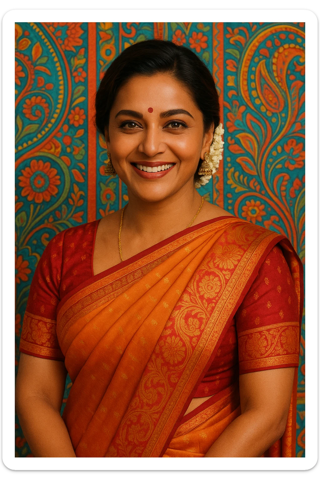 a well-known movie star depicted as an Indian woman in a saree, smiling, colorful background sticker