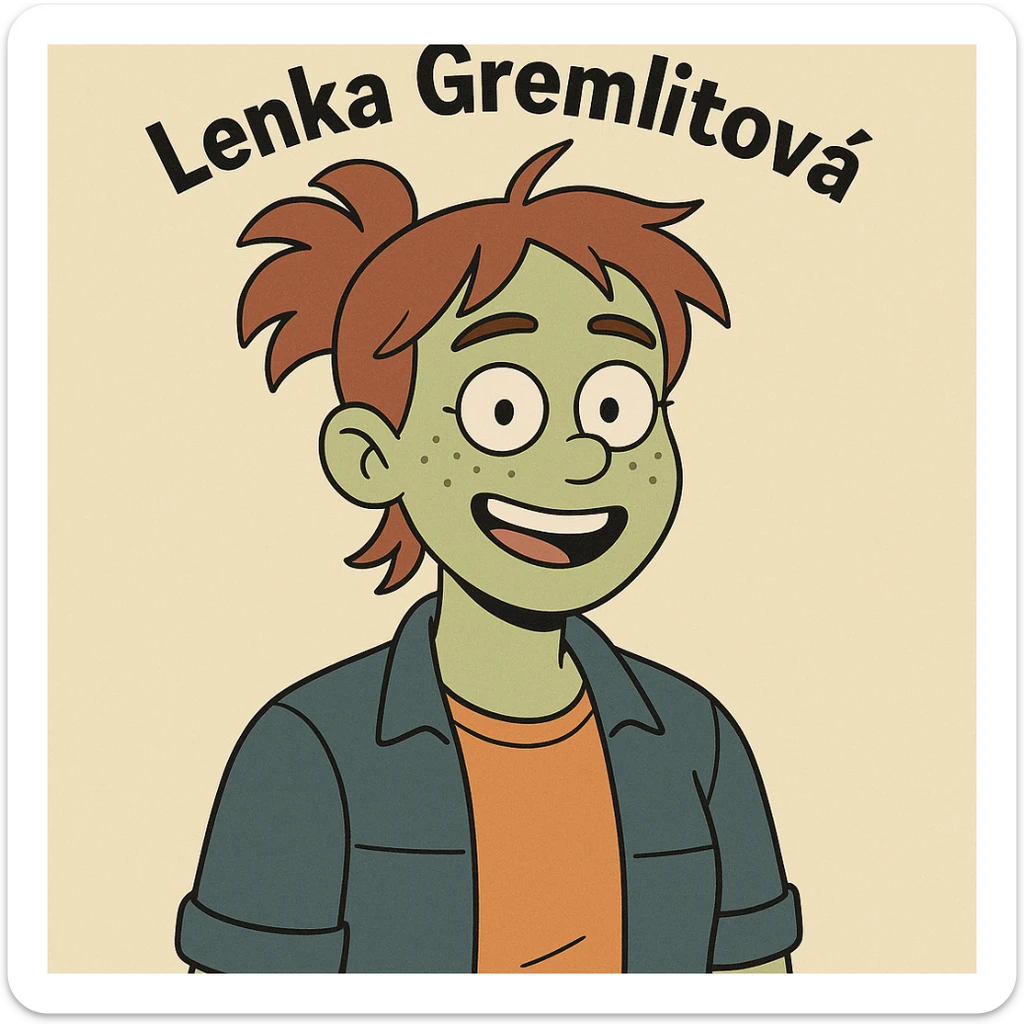 cartoon style portrait of a person named Lenka Gremlitova, cheerful expression, casual outfit, simple background sticker