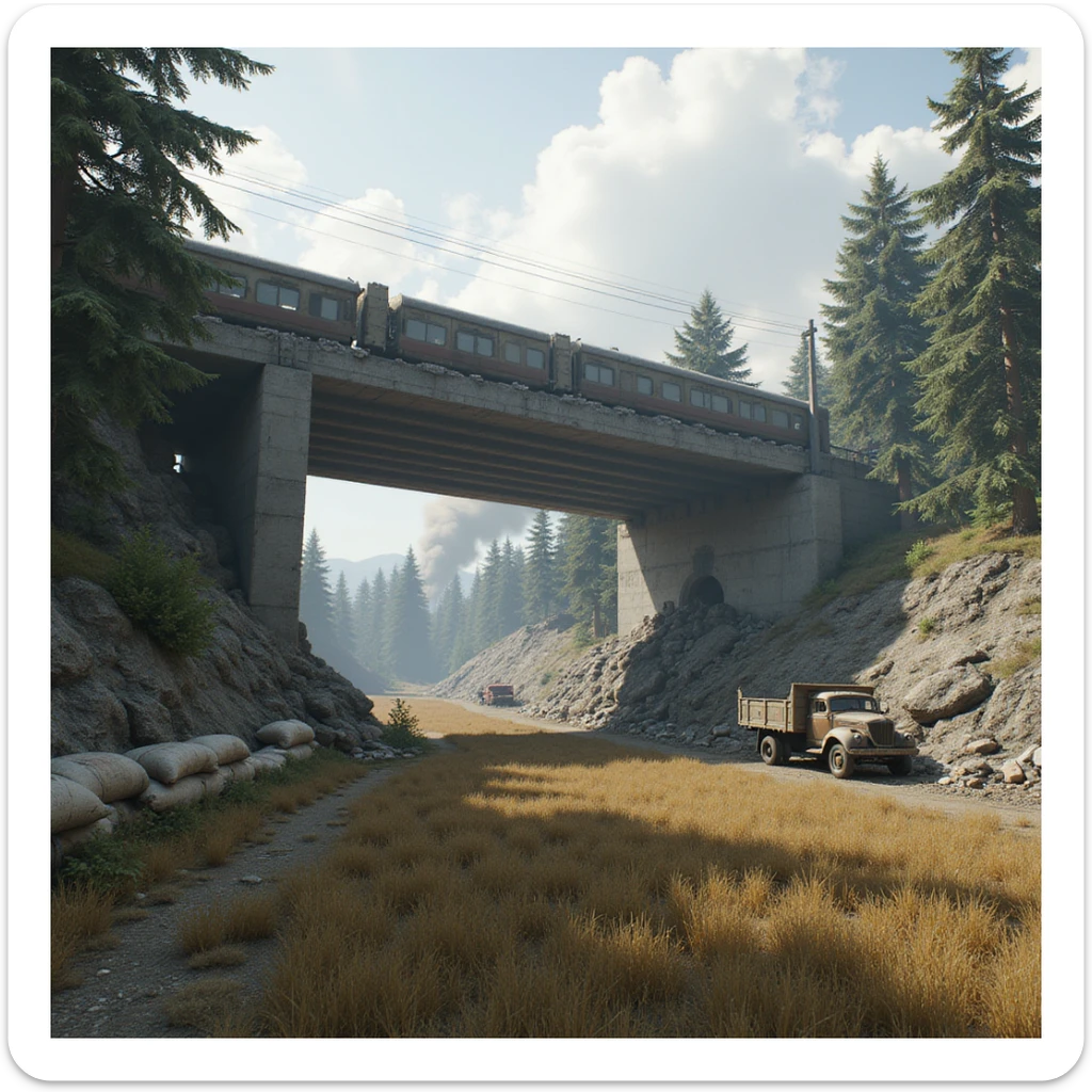  a screenshot of a location in a videogame  the image of the scene consists of:  [above-ground train freeway partially collapsed], a wooded area, a small field of wheat, sandbag barricades. distant smoke. uneven terrain, derelict vintage work trucks, more distant smoke. polluted and war-torn sticker