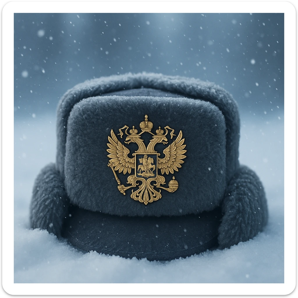 Russian ushanka hat with the emblem of Russia in a snowy background sticker