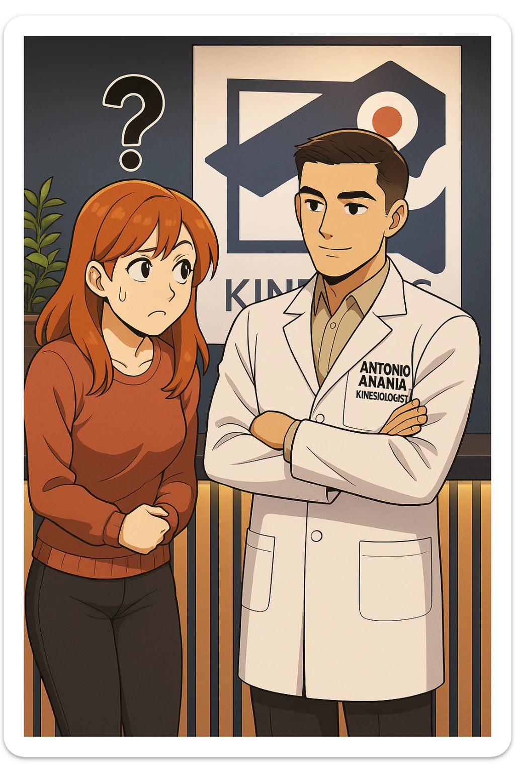 su questo stile fai un manga/webtoon a colori in cui una donna incuriosita fa una DOMANDA ALL'UOMO, l'uomo della foto in stile manga LE risponde, mantieni un ambiente simile alla foto che ho allegato con il suo logo (sarebbe il suo studio, lui è un kinesiologo), scrivigli "ANTONIO ANANIA" sul camice bianco, non mettere fumetti, ma fai in modo che sembri che la donna CHIEDA curiosa E L'UOMO le risponda sticker