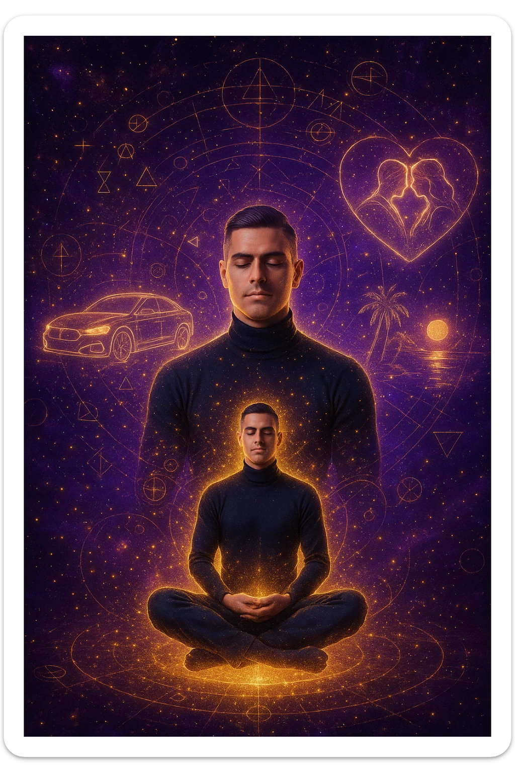 "Un uomo in meditazione fluttuante nello spazio cosmico, circondato da particelle dorate e simboli alchemici. Intorno a lui, oggetti e situazioni dei suoi desideri (auto, viaggi, amore) si materializzano come ologrammi luminosi. Stile cyber-mistico, colori viola e oro." sticker
